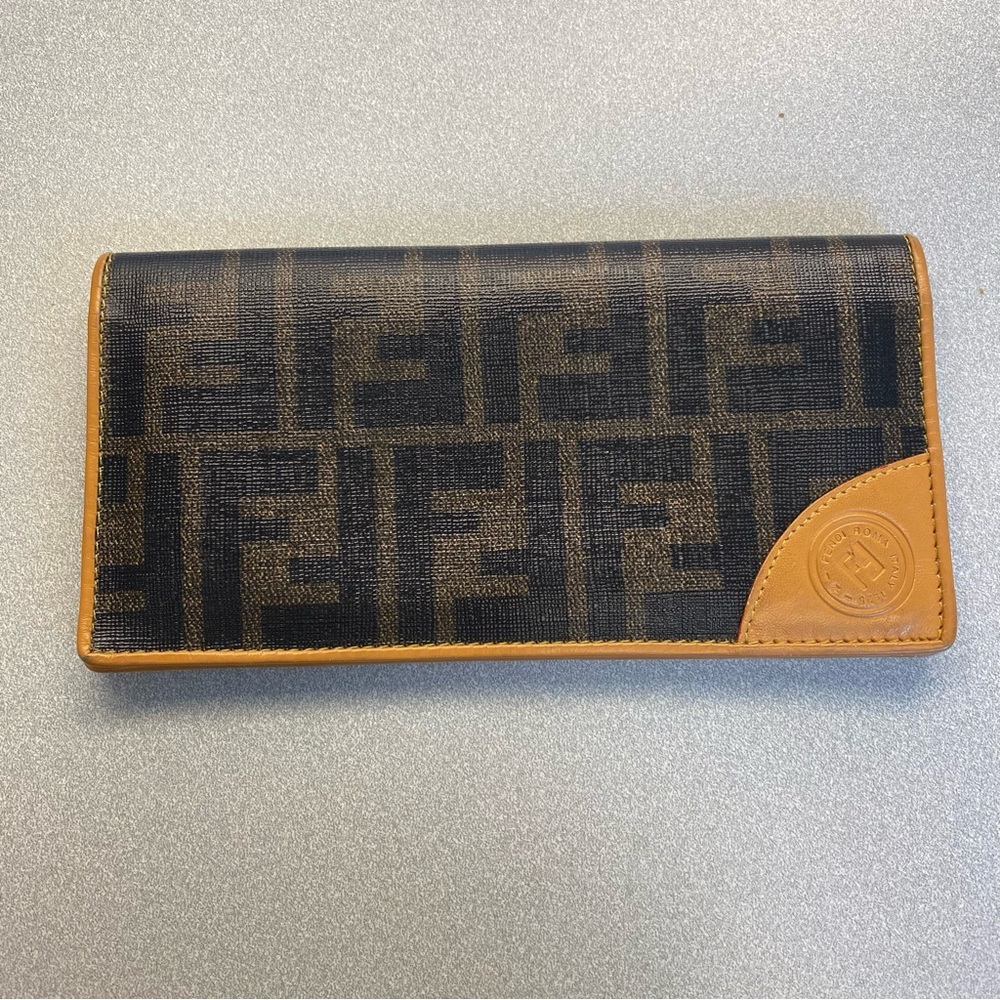 Vintage Fendi Zucca Tan Leather Embossed long bifold wallet